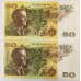 AUSTRALIA 1973 . FIFTY 50 DOLLARS BANKNOTES . PHILLIPS/WHEELER . CONSEC PAIR . FIRST PREFIX YAA